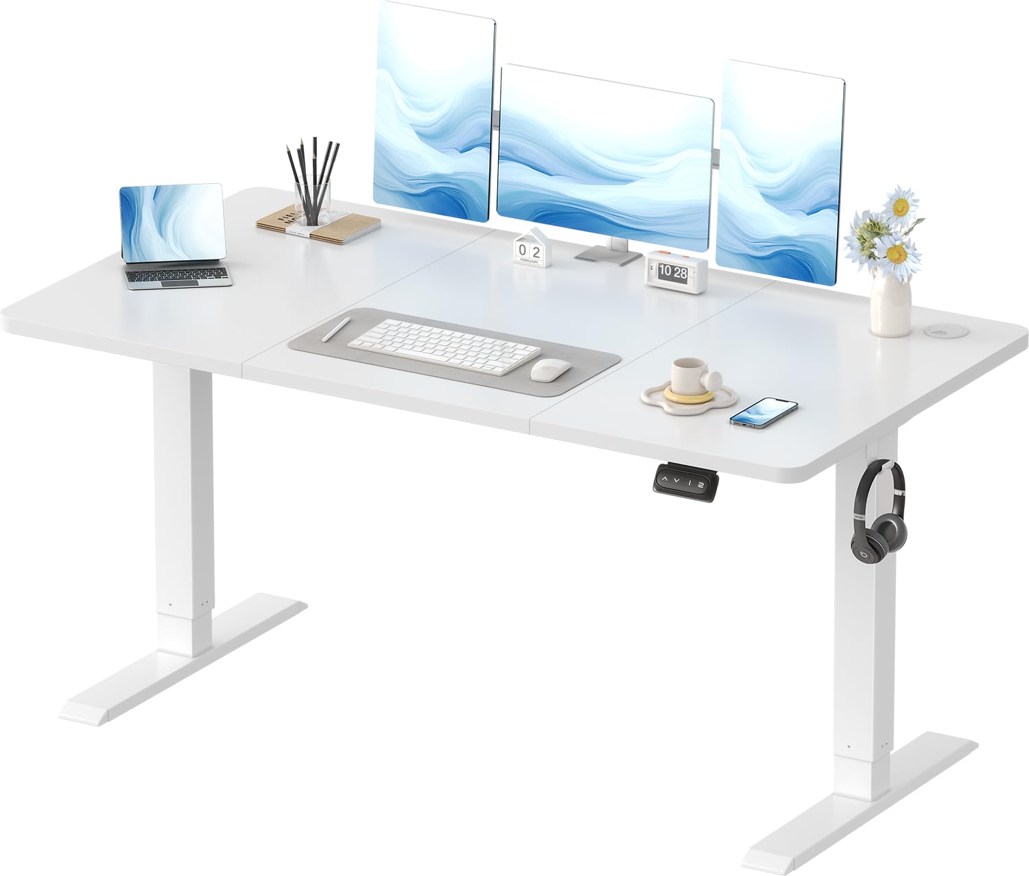 Devoko Electric Standing Desk 120x60cm Sit Stand Table Height Adjustable with Backpack Hook and Memory Smart Pannel, Home Office, White