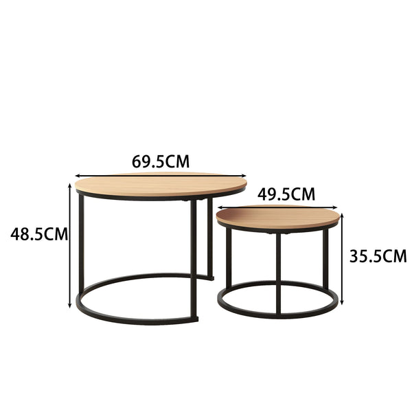 HOJINLINERO Black Round Coffee Table Set of 2 Side Table for Living Room,69.5x49cm Industrial Stacking End Tables,Wood Look Accent Furniture with