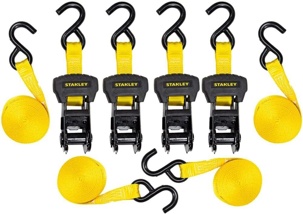 STANLEY S1007 Black/Yellow 1.5" x 16' Ratchet Tie Down Straps - 1,100 lb Safe Working Load / 3,300 lb Break Strength, 2 Pack