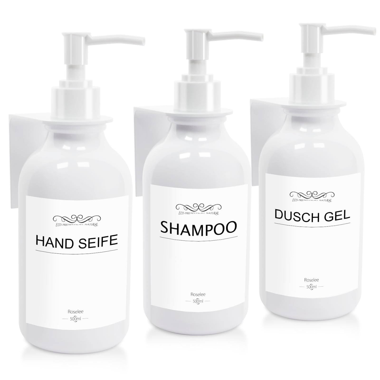 Roselee Wall Mounted Soap Dispenser Set, White Shampoo Dispenser No Drilling 500 ml, 3-in-1 with Funnel and Waterproof Labels for Kitchen Bathroom