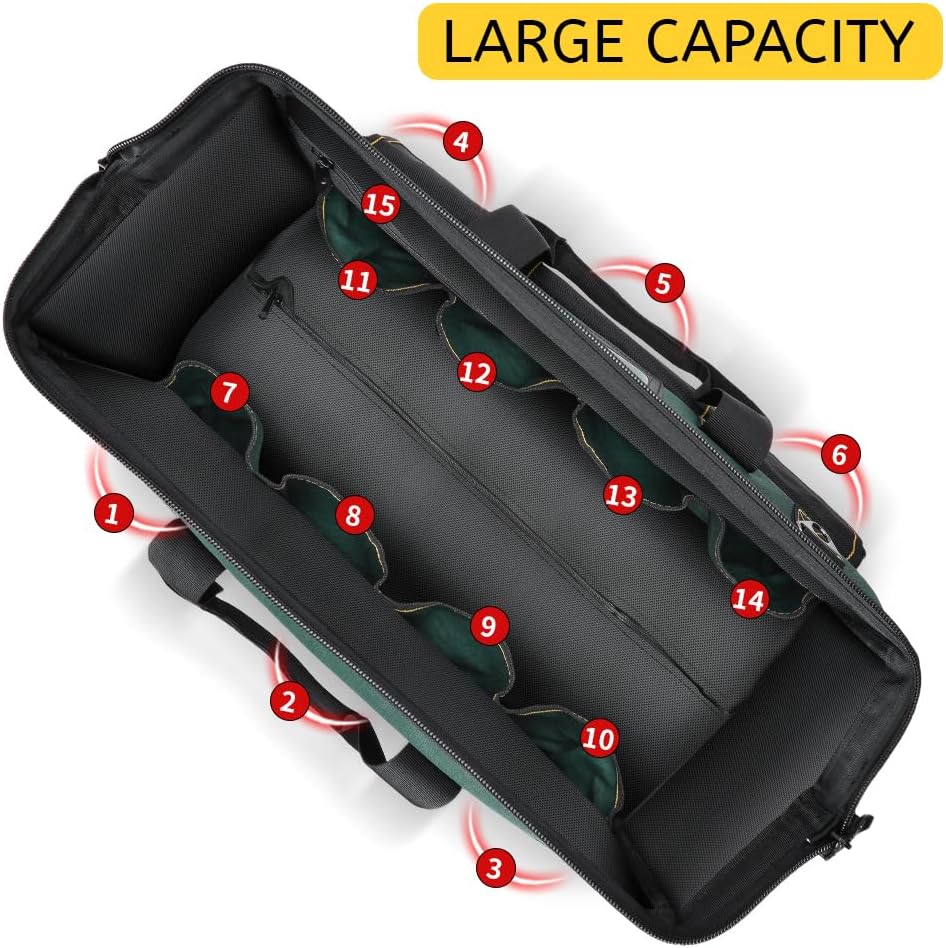 WINHUNT 22'' Rolling Tool Bag with Wheels, Adjustable Telescopic Handle Tool Bag Trolley Wide Mouth Storage Organizer, Green