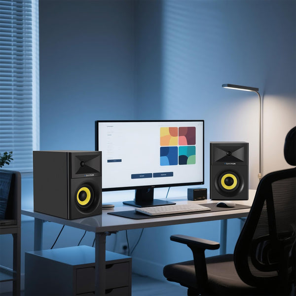 Sanyun SW203 4.0 Computer Speakers - 60W 4-Way DSP Control 3D Immersive Sound - 3" Carbon Fiber Woofer & 20mm Silk Dome Tweeter - 24bit DAC USB/Bluetooth 5.4/AUX - Studio-Grade Audio (Pair, Black)