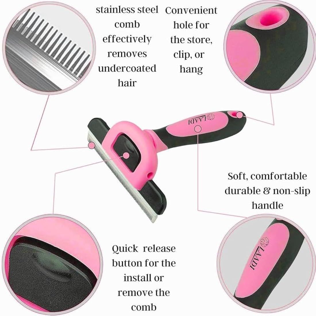 Laadi Deshedding Tool for Dogs and Cats - Reduces Shedding by Up to 95% in Less Than 10 Minutes—best Choice for Grooming and Deshedding Your Lovely Pets. Dog Cat Horse Rabbit Brush(Pink, L)