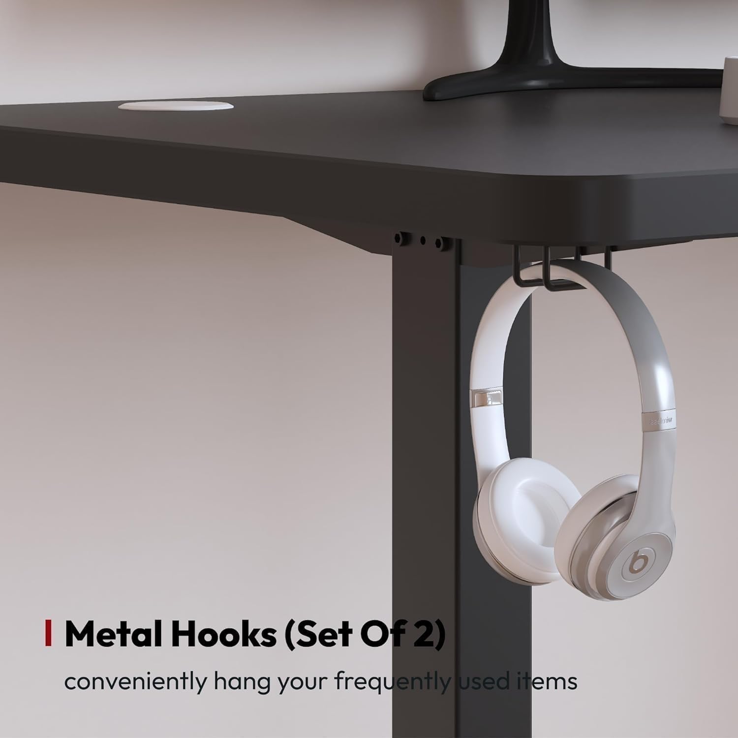 SANODESK QS1+140 * 60 Electric Standing Desk Height Adjustable Standing Desk With Memory Smart Panel Sit Stand Table With Hooks and Cupholder for Home Office （Black Frame+ Black Desktop）