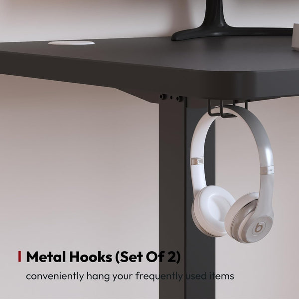 SANODESK QS1+140 * 60 Electric Standing Desk Height Adjustable Standing Desk With Memory Smart Panel Sit Stand Table With Hooks and Cupholder for Home Office （Black Frame+ Black Desktop）