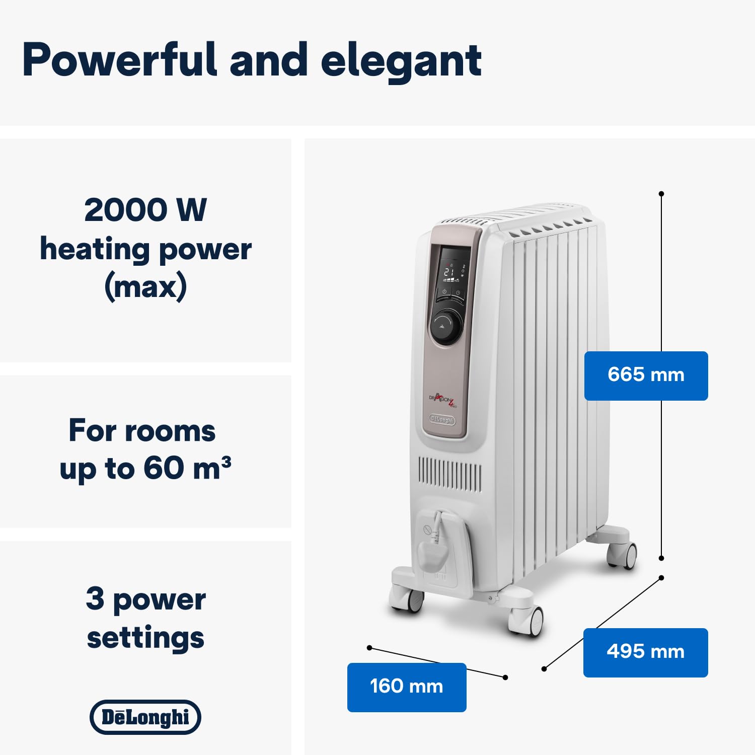 De'Longhi Dragon 4 TRDSX40820E.WB, Oil Filled Radiator with Electronic Timer, Quiet Heater with Functional Design, Chimney Design and Castors, Safety Thermostat, 3 Fan Settings, 2000W, White/Beige