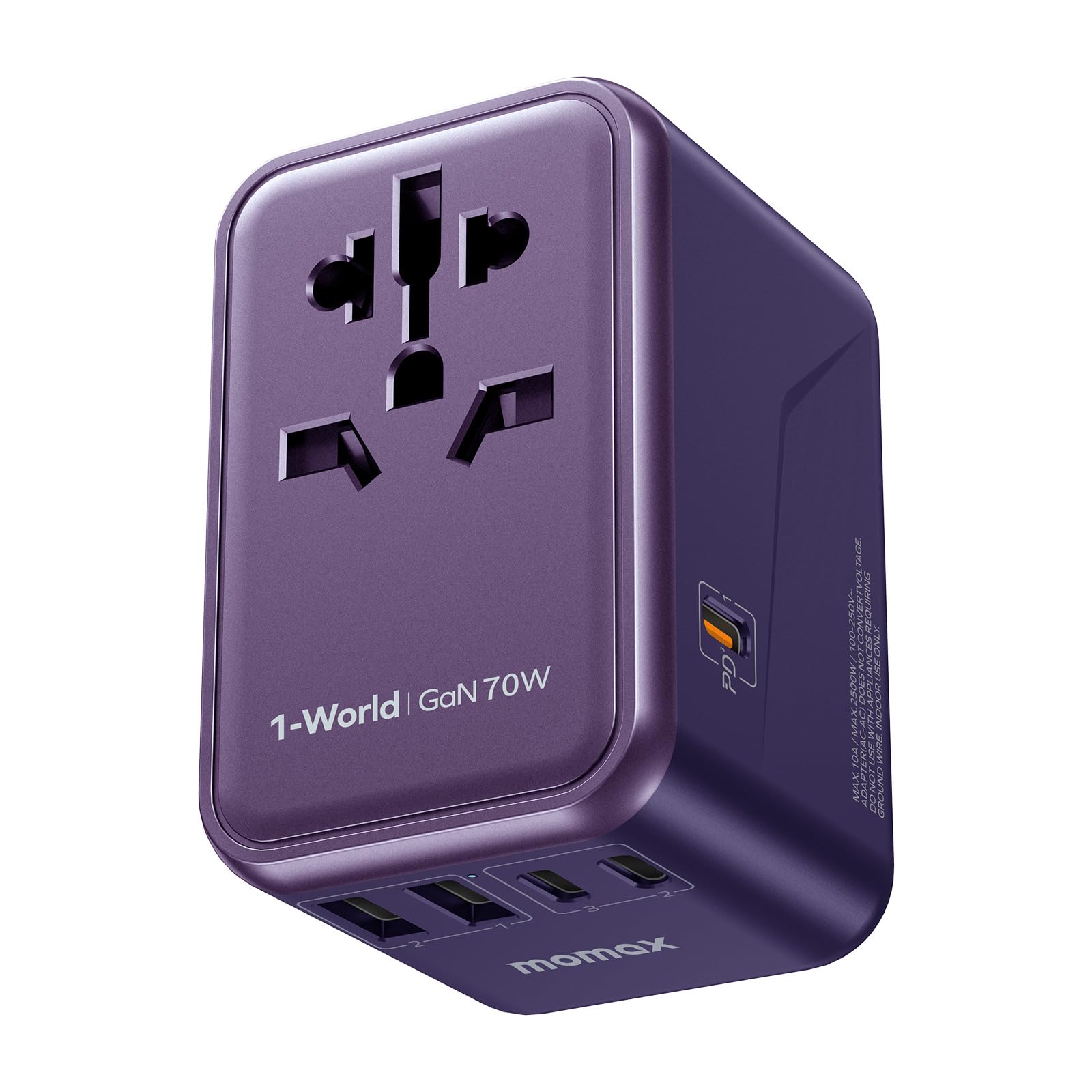 MOMAX Universal Travel Adapter,70W GaN Travel Plug Adapter with UK/EU/AU/US Plugs, 3USB-C PD & 2USB-A QC International Adapter Charger, Adapter Plug for Laptops Phones Vision Pro 1-World-Purple