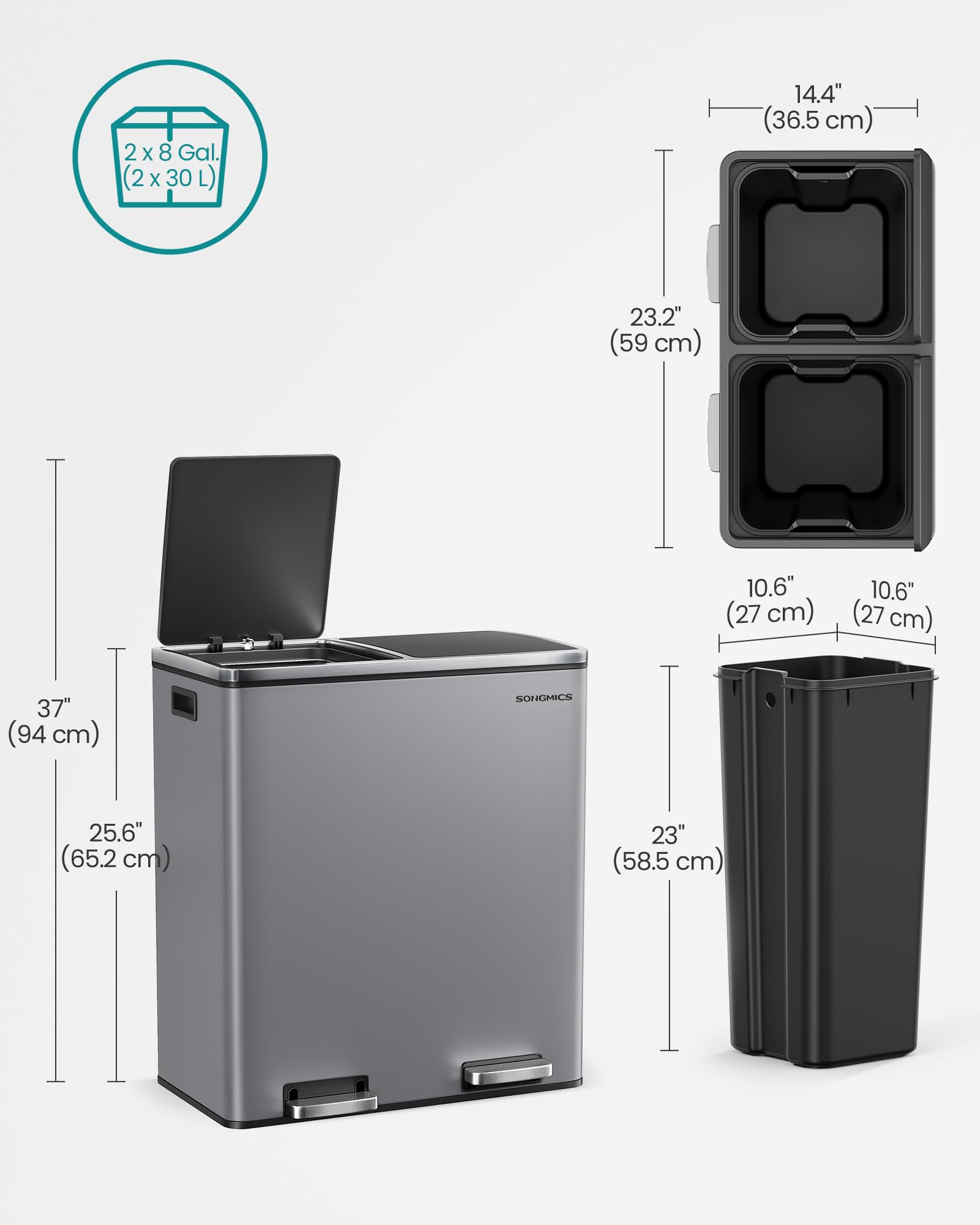 SONGMICS Dual Rubbish Bin, 2 x 30 L Recycling Bin with 15 Rubbish Bags, 2-Compartment Metal Pedal Bin with Lids and Plastic Inner Buckets, Soft Closure, Slate Grey LTB060G01