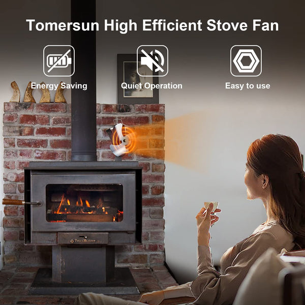 Tomersun 4 Blades Stove Fan Heat Powered Wood/Log Burner Fan Eco Friendly Heat Circulation for Wood/Log Burner/Fireplace