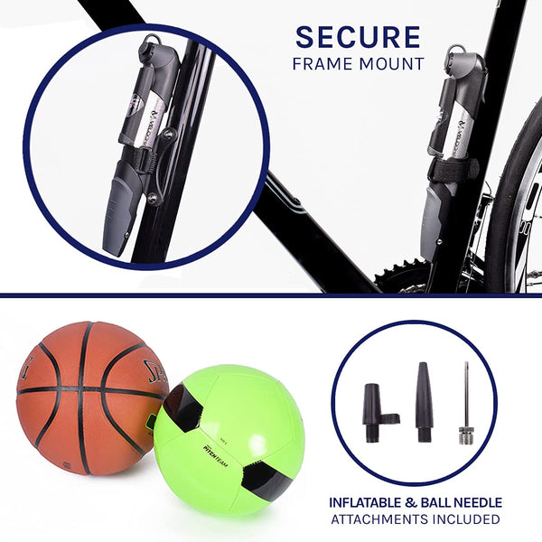 VeloChampion Mini Bicycle Pump with Frame Mount. Portable Alloy Pump For Presta, Schrader and Dunlop Valves. Suitable for All Bikes - Road, Mountain & BMX