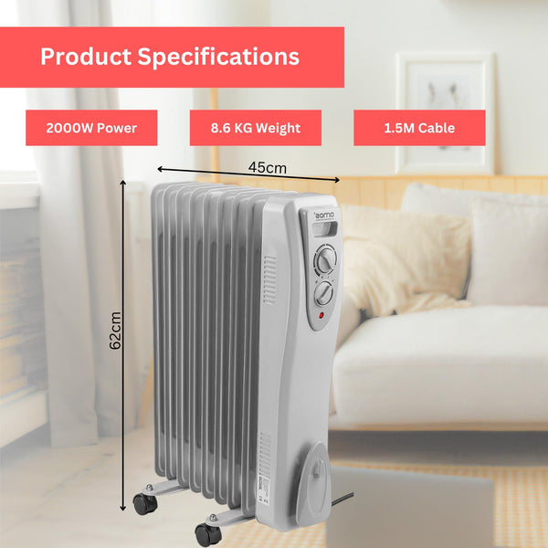 AMOS 1500W Electric Oil Filled Radiator Heater 7-Fin Portable Thermostat Heating Appliance with 3 Heat Settings, Safety Shut Off, and Power Indicator Light