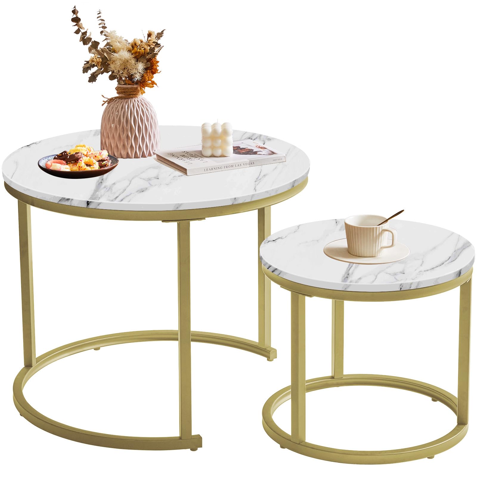 IBUYKE Round Nesting Table, Removable Set of 2 Coffee Tables, Stacking Sofa Side Table End Table, for Living Room, Bedroom, Office, Balcony,