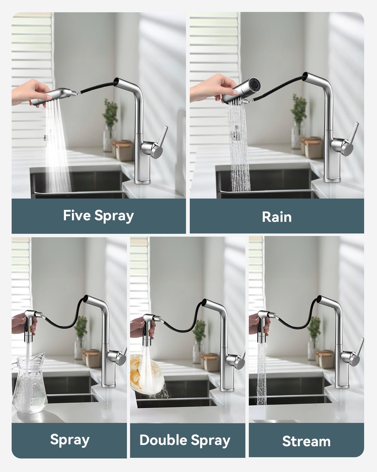 Warmiehomy 5 Modes Kitchen Taps Mixer with Pull Out Spray,High Arc 360° Swivel Dual Spout Pull Down Stainless Steel Kitchen Sink Taps,Brushed Nickel