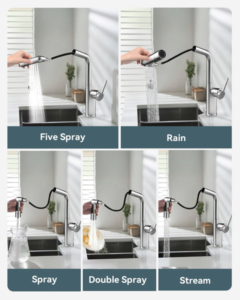 Warmiehomy 5 Modes Kitchen Taps Mixer with Pull Out Spray,High Arc 360° Swivel Dual Spout Pull Down Stainless Steel Kitchen Sink Taps,Brushed Nickel