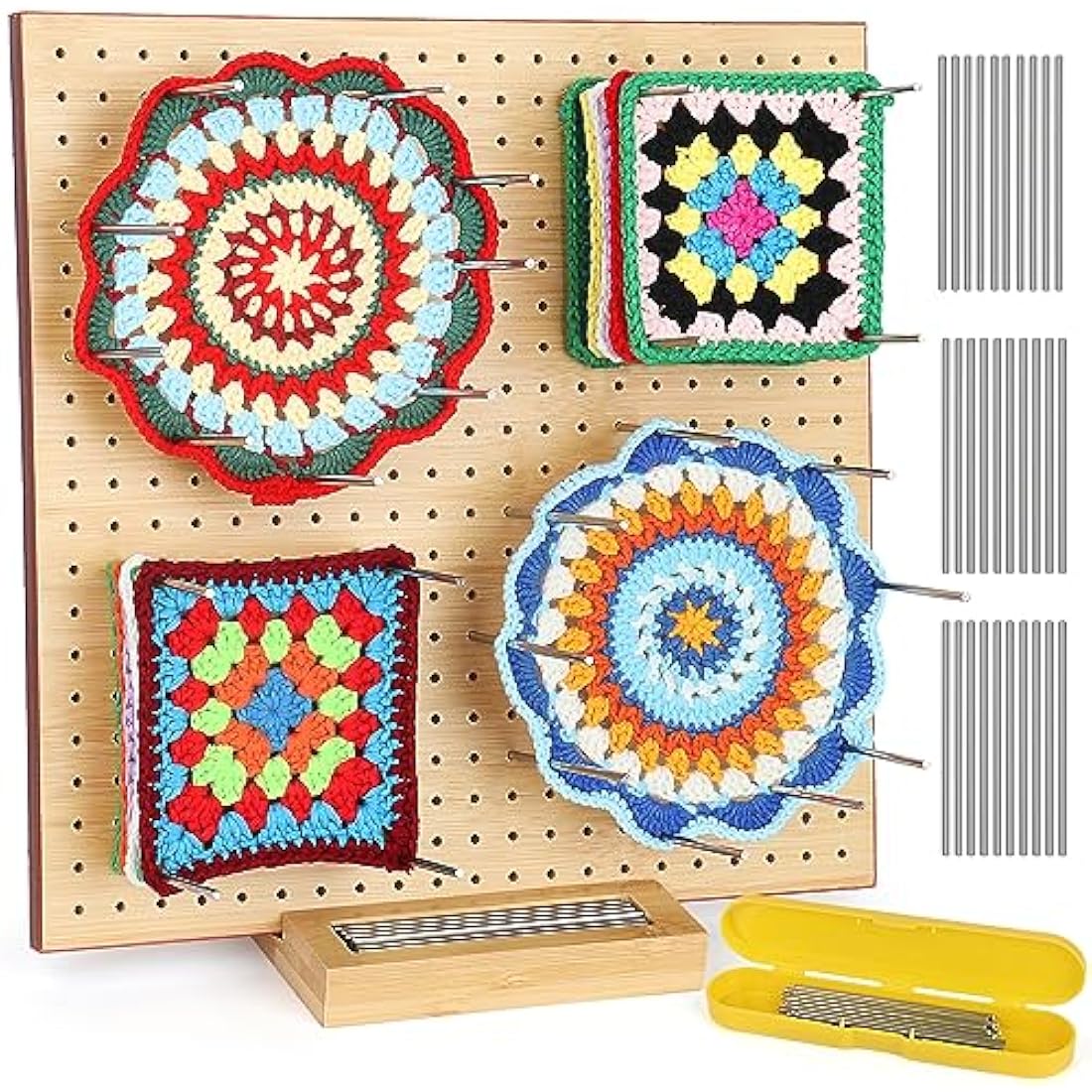 Aeelike Large Granny Square Blocking Board, 11 inch Bamboo Crochet Blocking Board and Pins, Upgrade Blocking Board for Crochet Squares with Recess Stand & Case, Crochet Wooden Blocking Board with Pegs