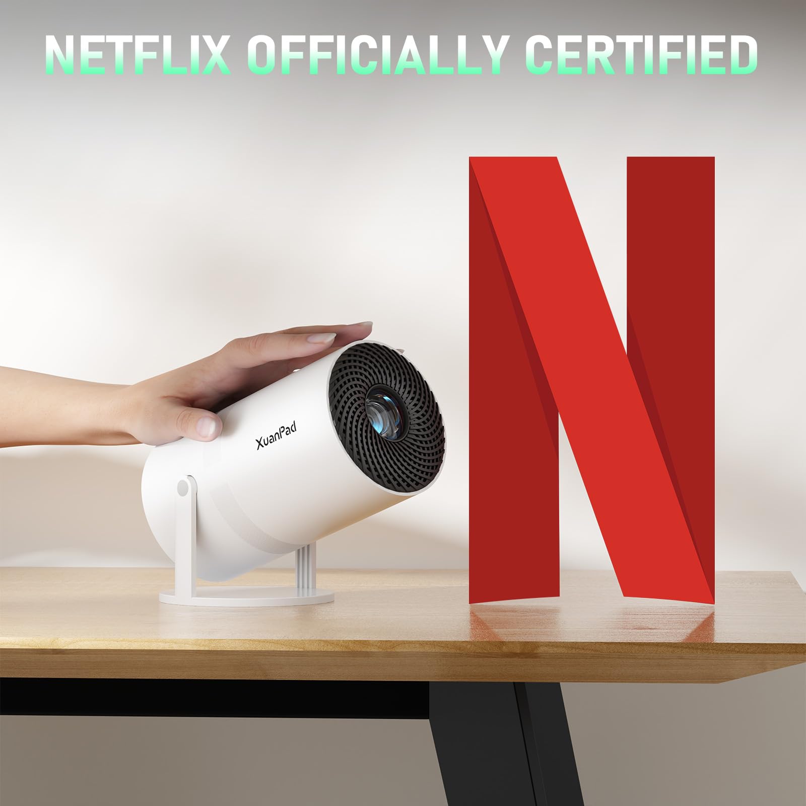 [Official Netflix Certified & Auto Focus] Smart Projector 4K Support, XuanPad Mini Projector for Bedroom, 800 ANSI, Auto Keystone, 3D Stereo Sound WiFi Bluetooth Projector with 360°Adjustable Stand
