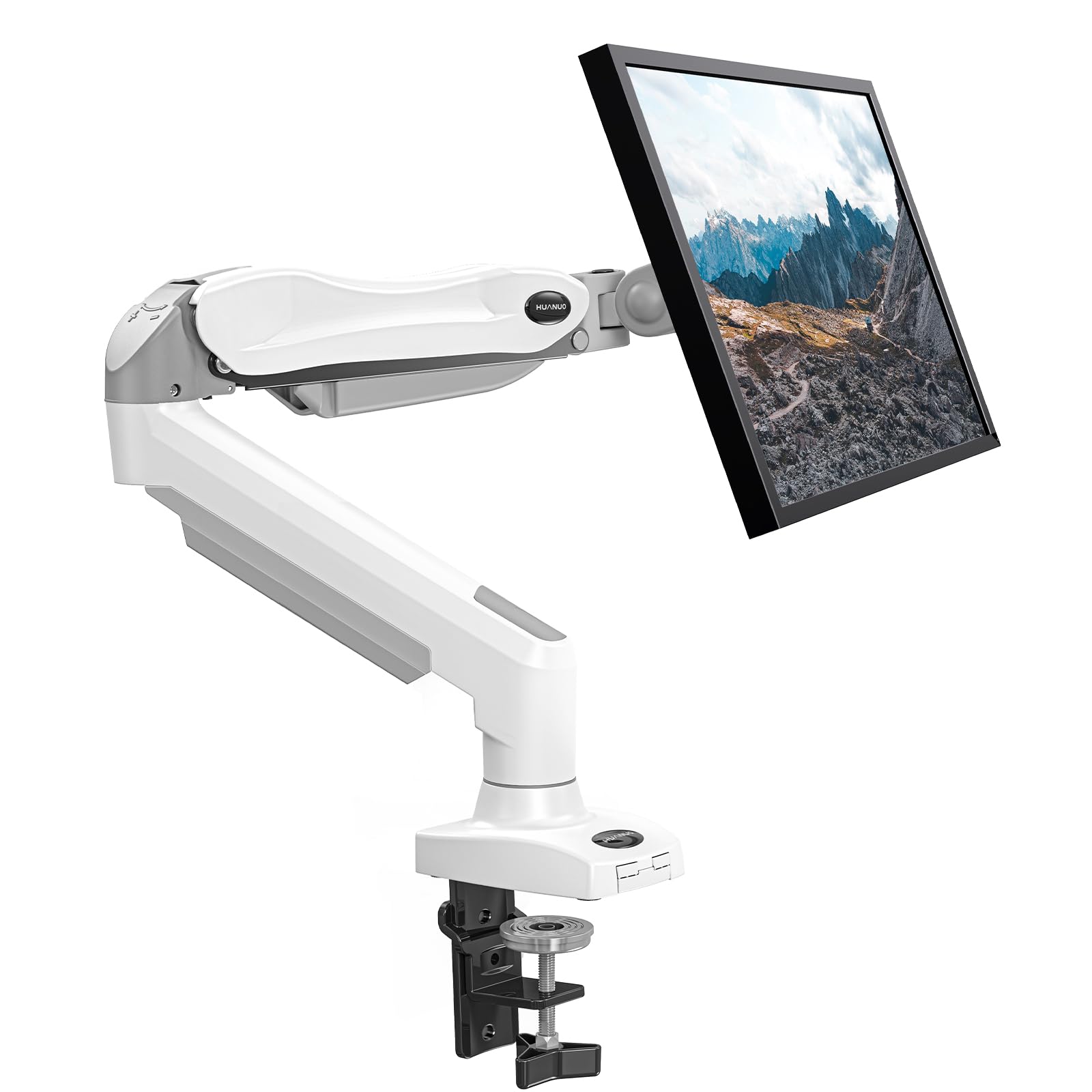 HUANUO Single Monitor Arm Desk Mount for 13 to 32 inch Screens, Tool Free Height Adjustable Monitor Stand with Tilt Swivel Rotate, 75 & 100mm VESA Mount, Load 19.8 lbs, C-clamp & Grommet Options