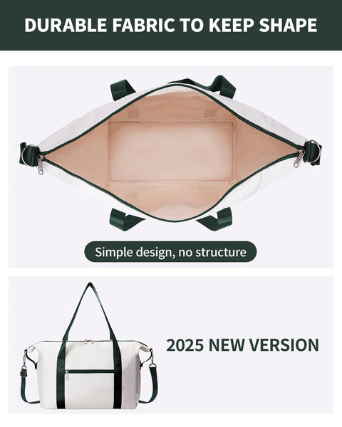 Narwey for Ryanair Cabin Bag 40x20x25 Underseat Ryan Air Bag Foladble Travel Duffel Hospital Carry on Hand Luggage Holdall Weekend Overnight Bag for Women and Men 20L (Beige with Green Straps)