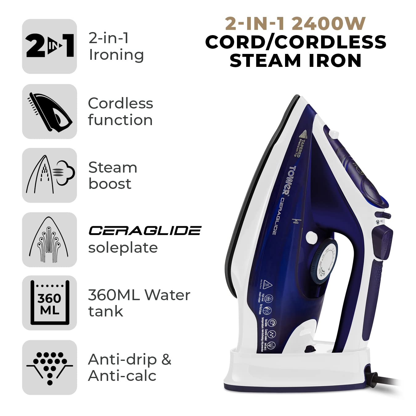 Tower T22008 CeraGlide Cordless Steam Iron with Ceramic Soleplate and Variable Steam Function, 2400 W, Purple