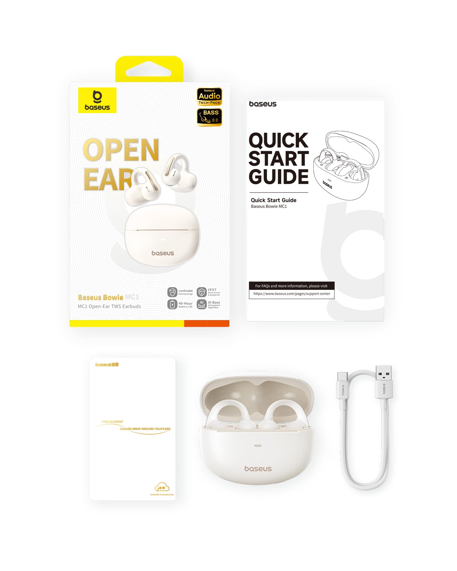 Baseus Bowie MC1 Open-Ear Headphones – Lightweight Bluetooth Air Clip with 40H Battery Life & Bass Ai HiFi Sound Quality & Bluetooth 5.4, (5.2g) with IP57 for Sports & Travel - White