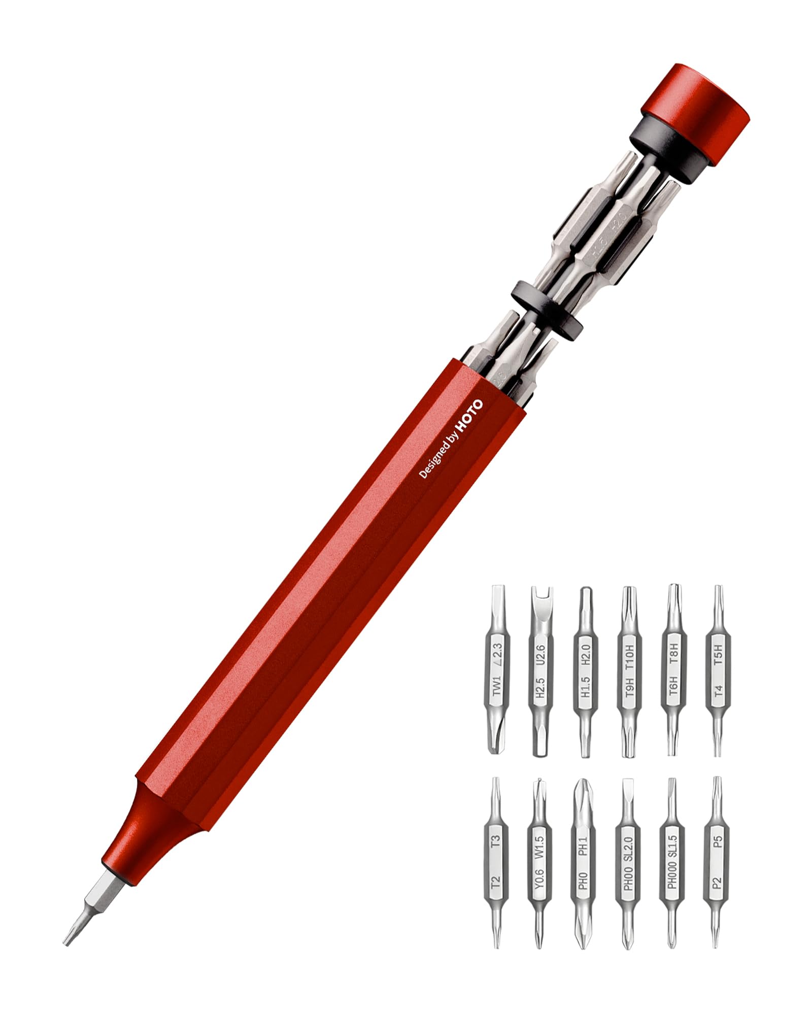 HOTO Precision Screwdriver Set, 24-in-1 Multi-Bit Screwdriver, Mini Hand Set with 12 Double End S2-Steel Bits, Ideal for Phone/Glasses/Watches/Laptop, Cinnabar Red