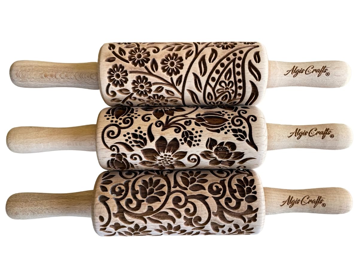 FLORET 3 Kid Rolling Pin Set with Lotus, Kashmir, Paisley, Flowering Vine, Lily Flowers Patterns. Wooden Laser Cut Mini Rolling Pins for Cookies, Play