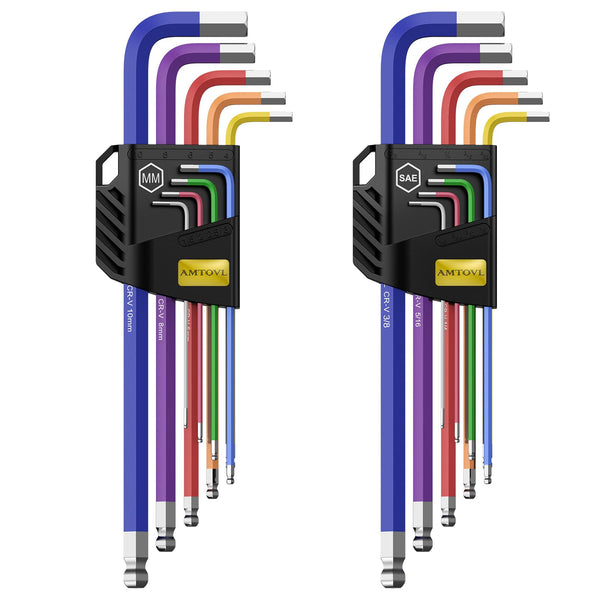 AMTOVL Hex Key Set, Allen Wrench Set, 18PCS Metric and SAE Allen Key Set Extra Long with Ball End T-Handle CRV & S2 Steel 1.5mm-10mm, 1/16-3/8