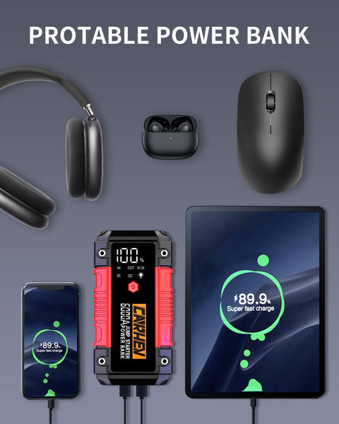 CARHEV 6000A Jump Starter Power Pack, Car Battery Booster Jump Starter (up to 10.0L Gas or 10.0L Diesel Engine), 12V Car Starter Power Bank with USB QC 3.0, Jump Pack With DC Output