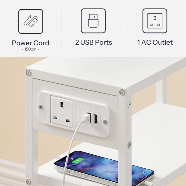 HOOBRO Slim Side Table with Charging Station, Narrow Side Table with USB Ports and Power Outlet, 42 x 18 x 65 cm, 3-Tier End Table for Small Space,