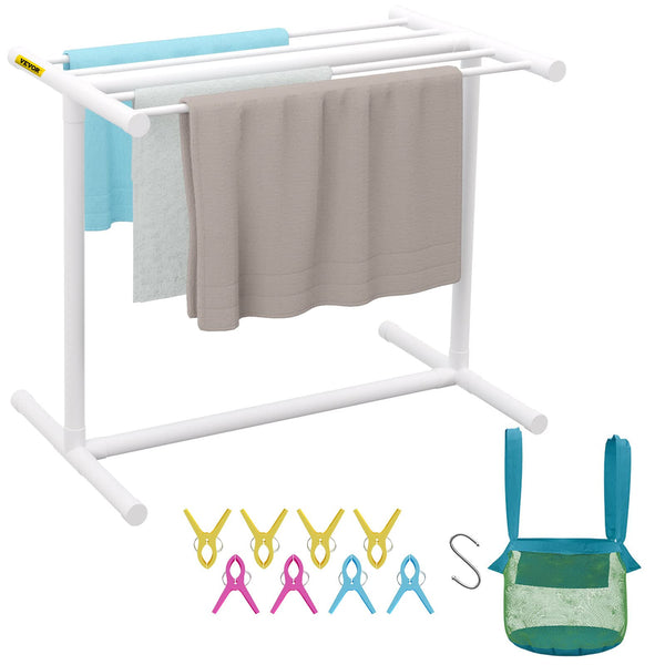 VEVOR Pool Towel Rack, 5 Bar, White, Freestanding Outdoor PVC T-Shape Poolside Storage Organizer, Include 8 Towel Clips, Mesh Bag, Hook, Also Stores