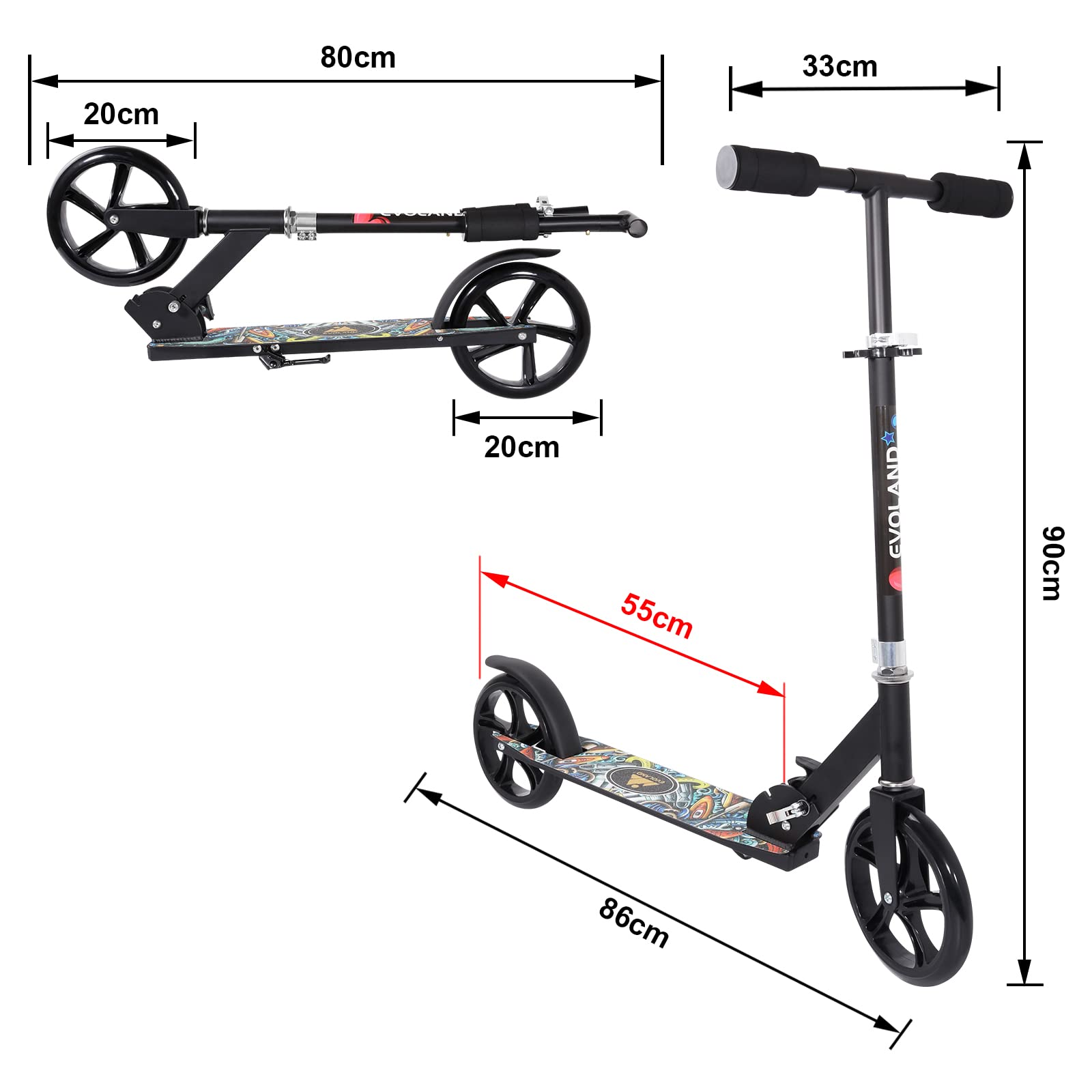 EVOLAND Kick Scooter Foldable, Adjustable Height 2 Wheels Scooter with Lightweight Aluminium Deck for Boys and Girls Teens Aged 8/9/10/11/12+