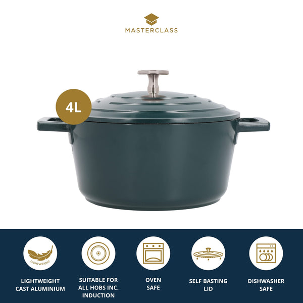 MasterClass Casserole Dish With Lid, Medium 4L/24 cm, Lightweight Cast Aluminium, Induction Hob And Oven Safe, Black