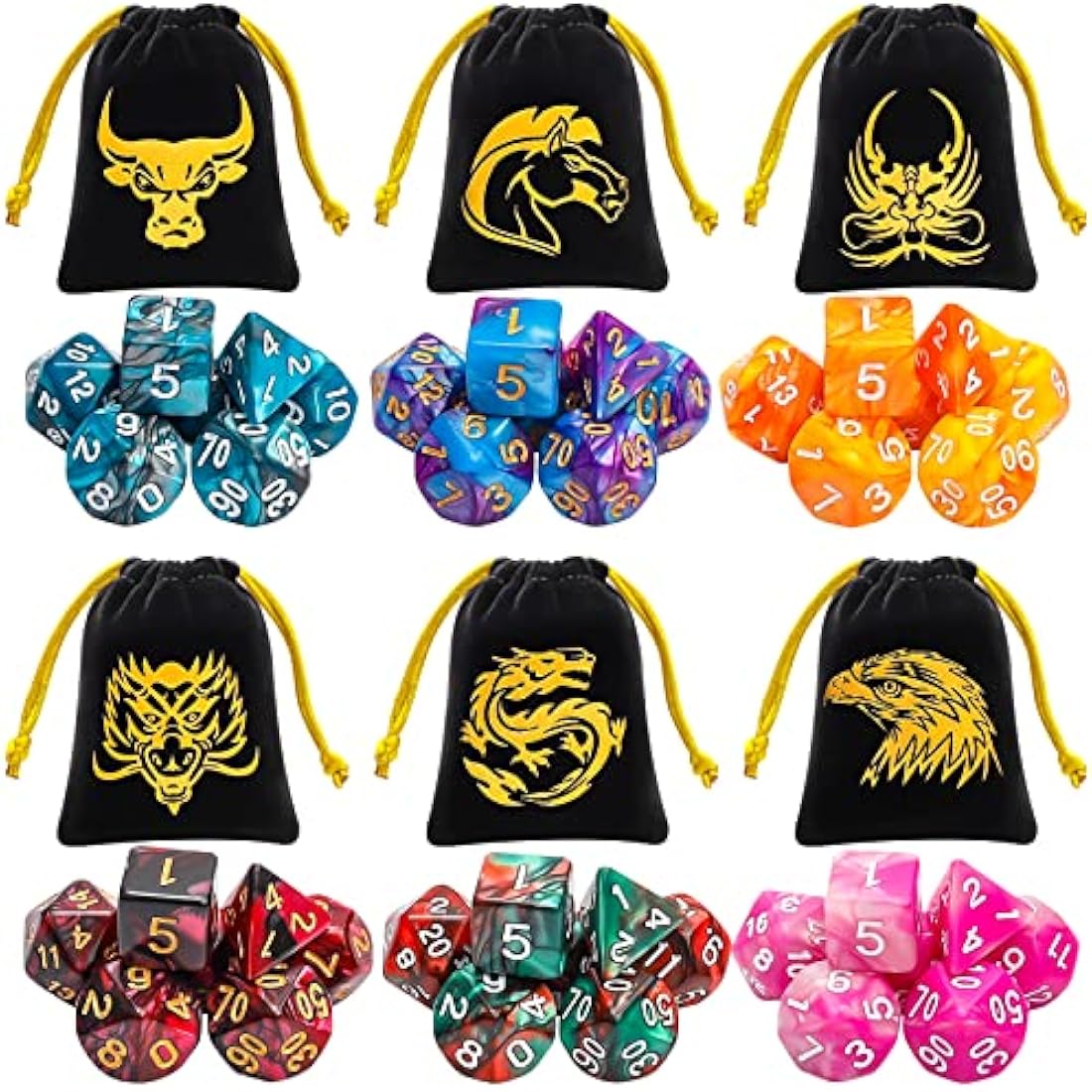 DND Dice, QMAY 6 x 7 Set Polyhedral Double-Color Dice Sets with 6 Gold Pattern Drawstring Pouches for Dungeon and Dragons MTG Table Games RPG DND D20 D12 D10 D% D8 D6 D4