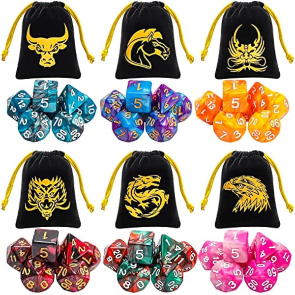 DND Dice, QMAY 6 x 7 Set Polyhedral Double-Color Dice Sets with 6 Gold Pattern Drawstring Pouches for Dungeon and Dragons MTG Table Games RPG DND D20 D12 D10 D% D8 D6 D4