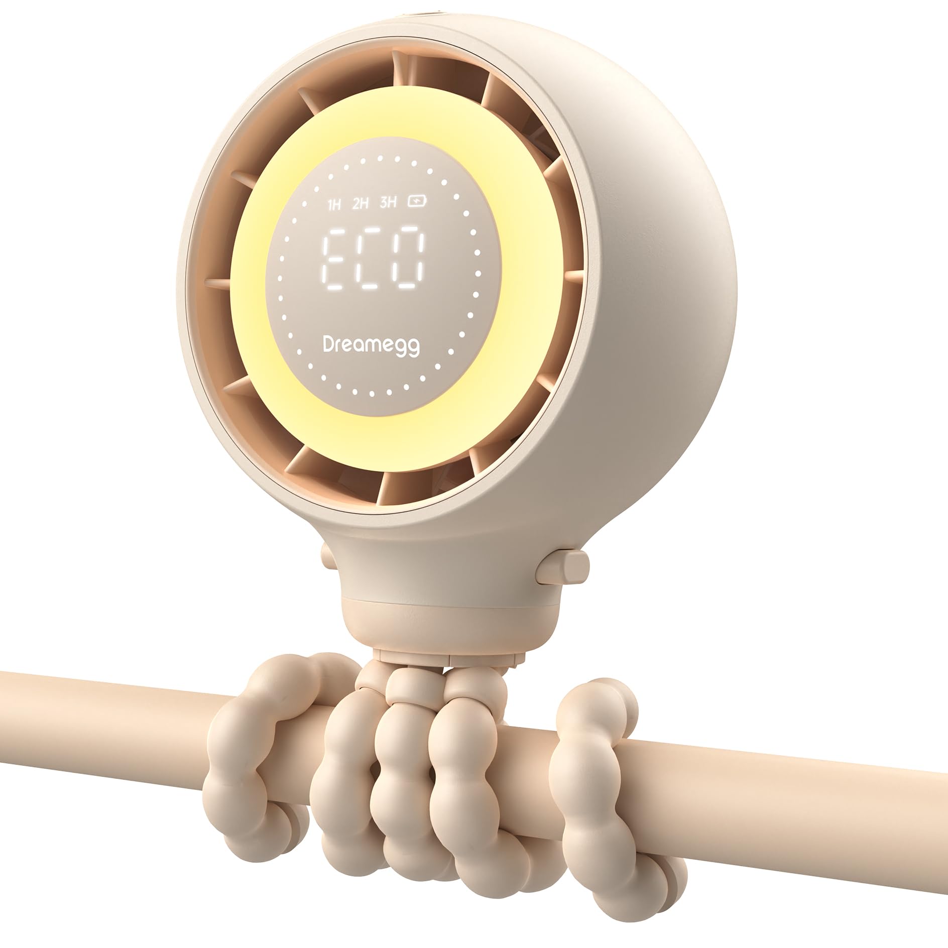 Dreamegg Baby Pram Fan - Portable Clip On Fan for Stroller with Hidden Blade & Child Lock, 4 Speeds With Eco Mode, Night Light, LED Display, USB Rechargeable for Car Seat & Crib, Ideal Baby Gift