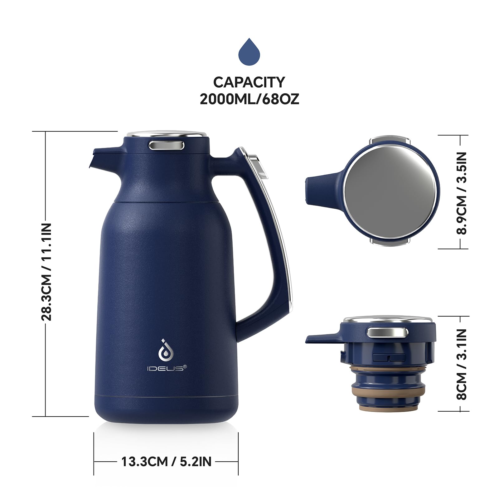 IDEUS Vacuum Insulated Coffee Carafe, 68 oz (2 Liters) Stainless Steel Milk Jug Thermal Tea Pot Hot & Cold Water Beverage Dispenser (Blue)