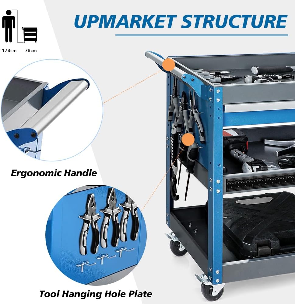 AIRAJ 3-Layer Tool Trolley,78 * 35 * 70cm Heavy Duty Tool Trolley, Metal Tool Cart with large Lockable Drawer and Rack,Work Trolley for Transport Tools,Load Capacity 200KG,Can Hold Heavy Equipment