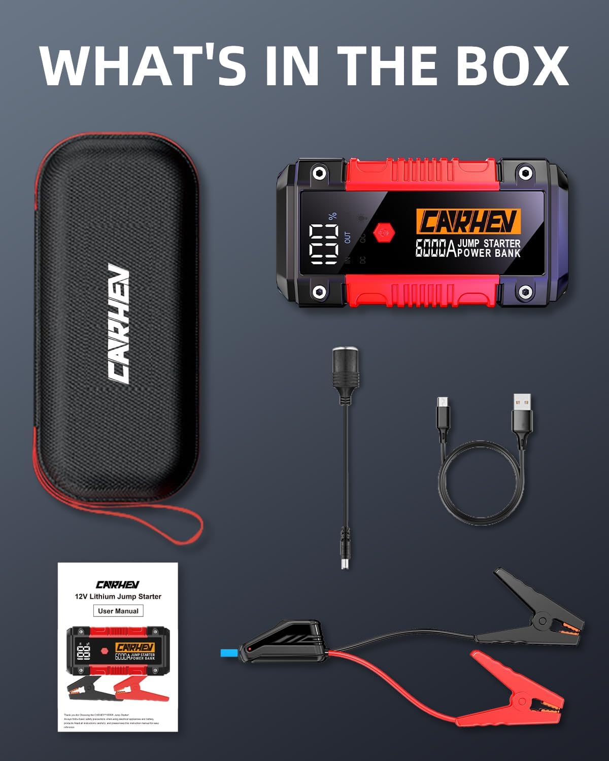 CARHEV 6000A Jump Starter Power Pack, Car Battery Booster Jump Starter (up to 10.0L Gas or 10.0L Diesel Engine), 12V Car Starter Power Bank with USB QC 3.0, Jump Pack With DC Output