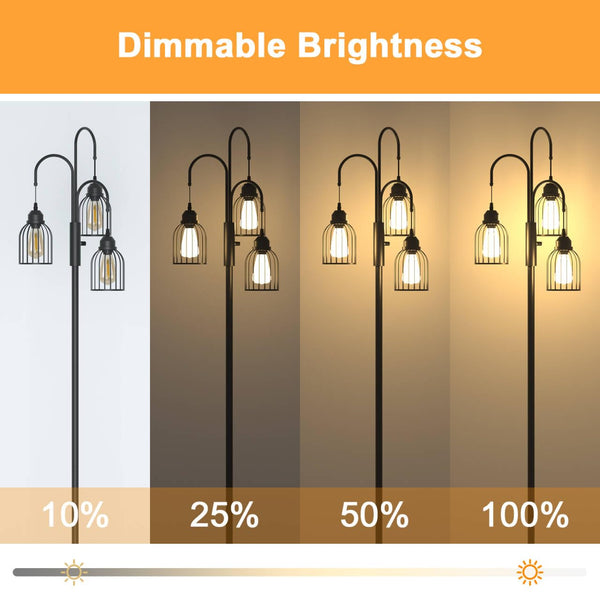 Industrial Floor Lamp for Living Room, 190cm Dimmable Standing Lamp, 3 LED Bulbs Included, E27 Sockets Standing Tree Lamp with Wire Cage Lampshade for