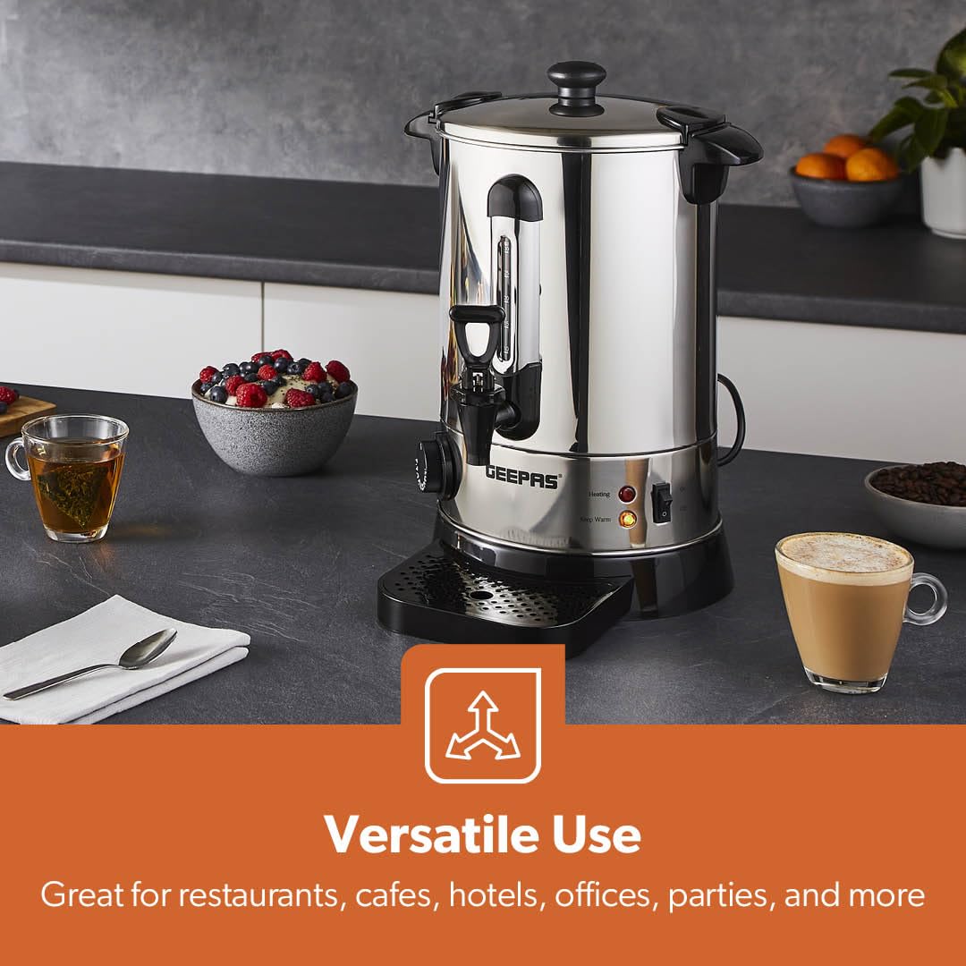 Geepas Electric Catering Urn, 1650W Instant Hot Water Boiler Dispenser - Tea Urn Kettle Home Brewing Commercial Office Use with Keep Warm - Easy Pour Tap, 15 Litre, Stainless Steel – 2 Year Warranty