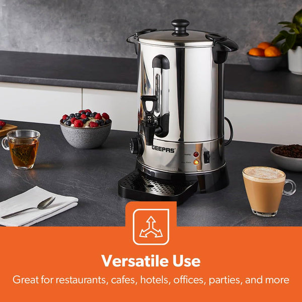 Geepas Electric Catering Urn, 1650W Instant Hot Water Boiler Dispenser - Tea Urn Kettle Home Brewing Commercial Office Use with Keep Warm - Easy Pour Tap, 15 Litre, Stainless Steel – 2 Year Warranty