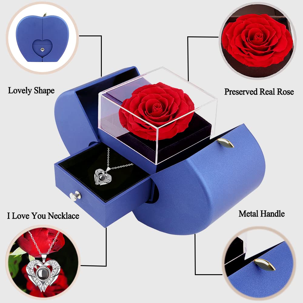 Firestyle Preserved Real Rose Gifts for Women,Mum,Wife,Eternal Flowers Rose with I Love You Necklace in 100 Languages,Gifts for her on Birthday,