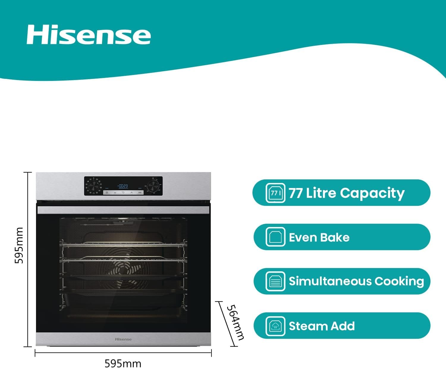 Hisense BI64211PB 77 Litre Built In Electric Single Oven With Pyrolytic Cleaning, Pizza Mode, Multiphase Cooking- Black 22x23x23 inches (LxWxH) - A+ Rated, Extra Large