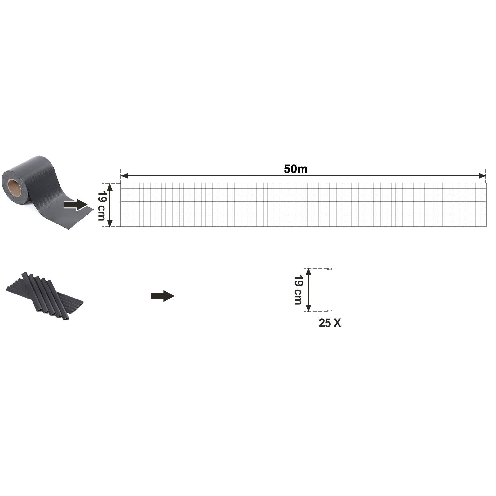 SONGMICS GPJ50GY PVC Privacy Screen Strips 50 m x 19 cm Extra Thick Opaque with 25 x Mounting Clips Anthracite, Charcoal, 0.19 x 50 m