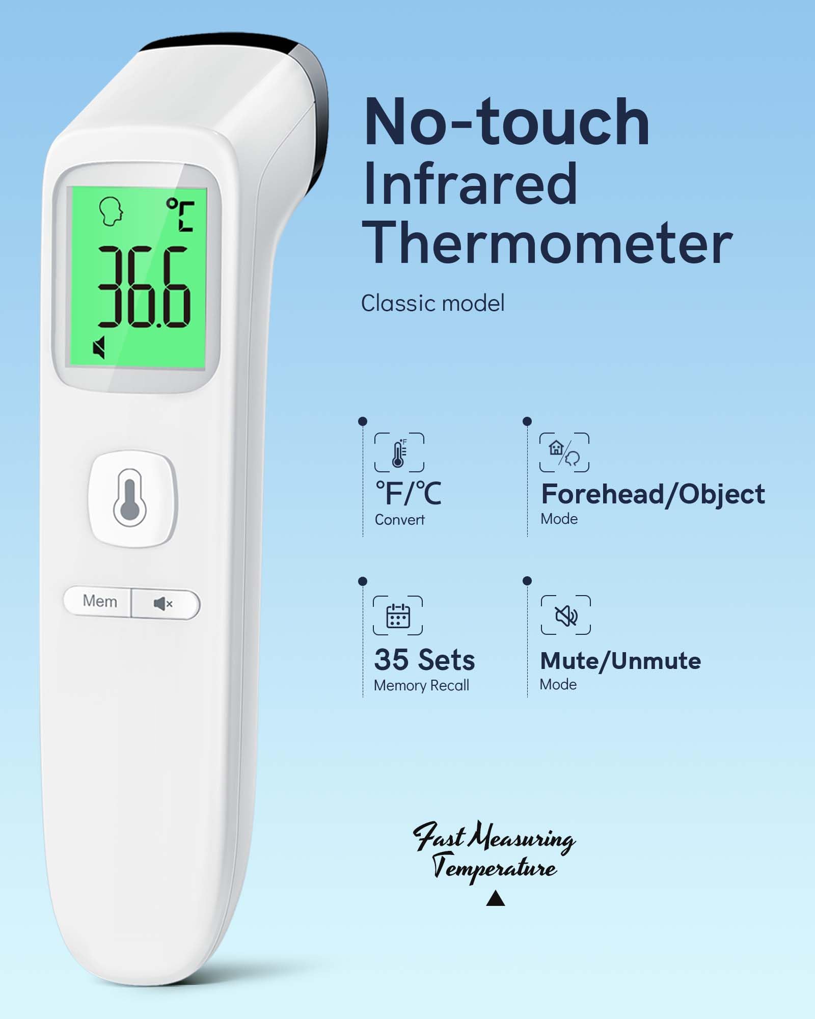 No-Touch Forehead Thermometer for Adults, Infrared Digital Thermometers for Kids, Touchless Baby Thermometer, Accurate Reading with LCD Display, Mute Mode, Memory Recall, Fever Alarm