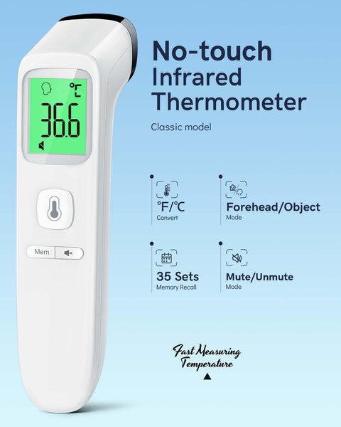 No-Touch Forehead Thermometer for Adults, Infrared Digital Thermometers for Kids, Touchless Baby Thermometer, Accurate Reading with LCD Display, Mute Mode, Memory Recall, Fever Alarm