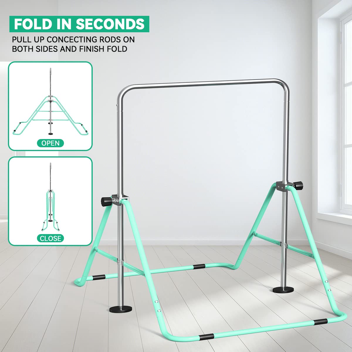 FBSPORT Gymnastics Bar, Folding Horizontal Bar Gymnastics Equipment for Kids Home Training, Expandable Gymnastics Training Bar Junior with Adjustable Height for Girls Boys