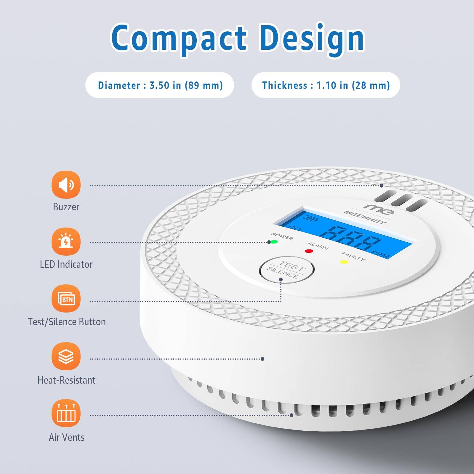 MEEHHEY Carbon Monoxide Detector, Carbon Monoxide Alarm, CO Alarm with Digital Display and Test Button, CO Detector Monitor with Replaceable Battery, Ten Years Alarm Sensor Life, AA Battery Powered