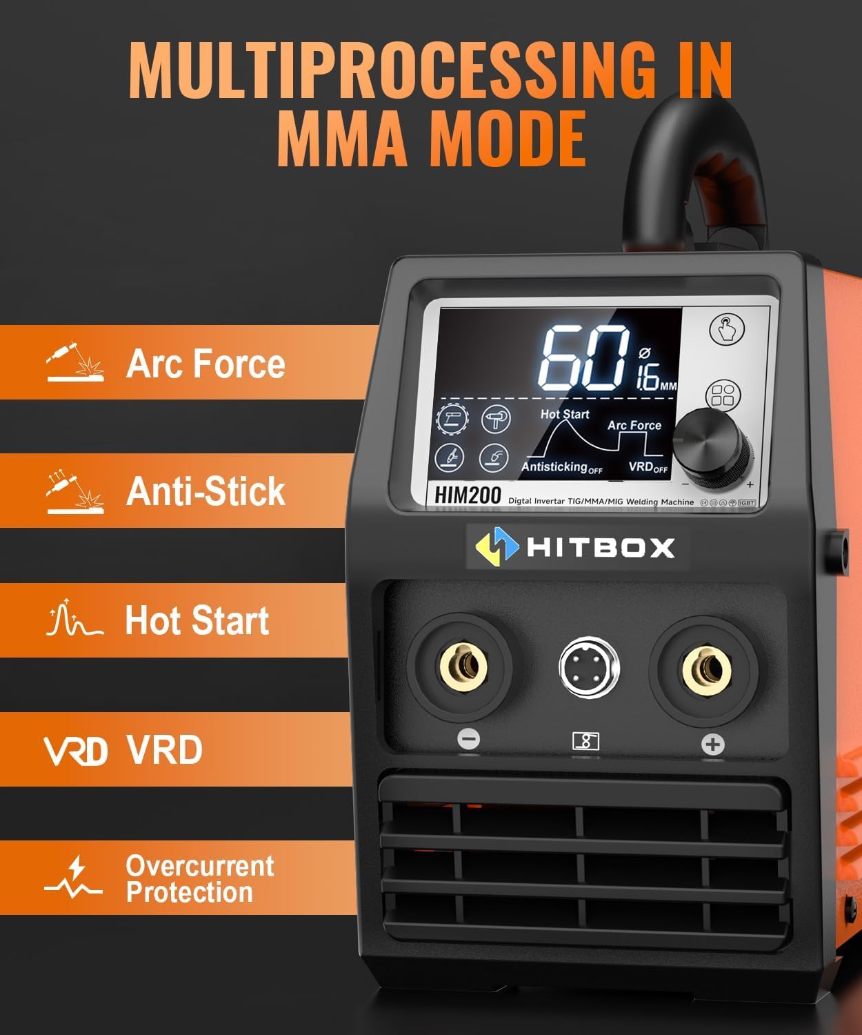 HITBOX 200A Portable MIG Welder 240V, Gasless 4-in-1 Digital Upgraded MIG/Flux Core/ARC/Lift TIG/Spool Gun Inverter Welding Machine with Ultra LED Display (HIM200)