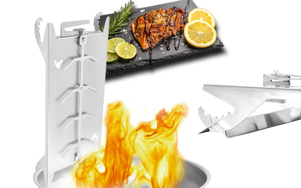 FENNEK Shorty Small Stainless Steel Flame Salmon Holder for Fire Bowls & Grills with Special Clamping Mechanism - No Screws Required | Rotates 180? |